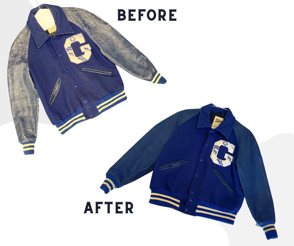 Before & After Picture of varsity jacket before and after cleaning & refinishing