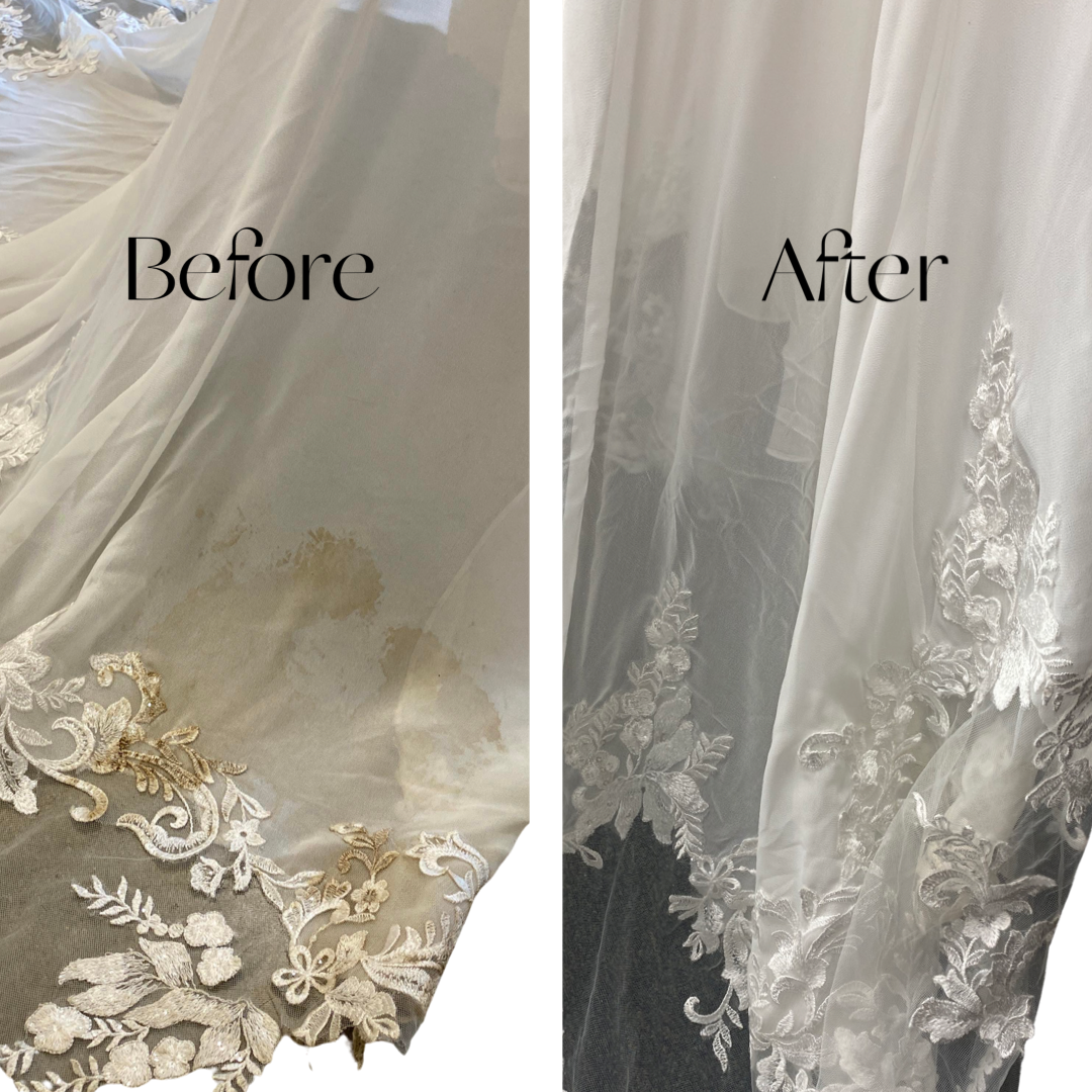 Wedding Dress Before and after cleaning, sunshinecleaners.com happilyeverafterpreservation.com